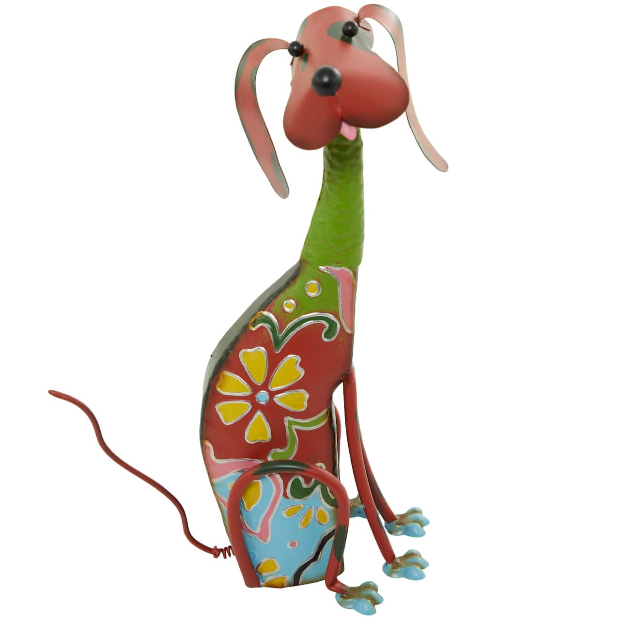 19" Multicolor Metal Dog Garden Sculpture with Floral Pattern